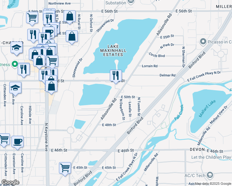 map of restaurants, bars, coffee shops, grocery stores, and more near 5034 Allisonville Road in Indianapolis