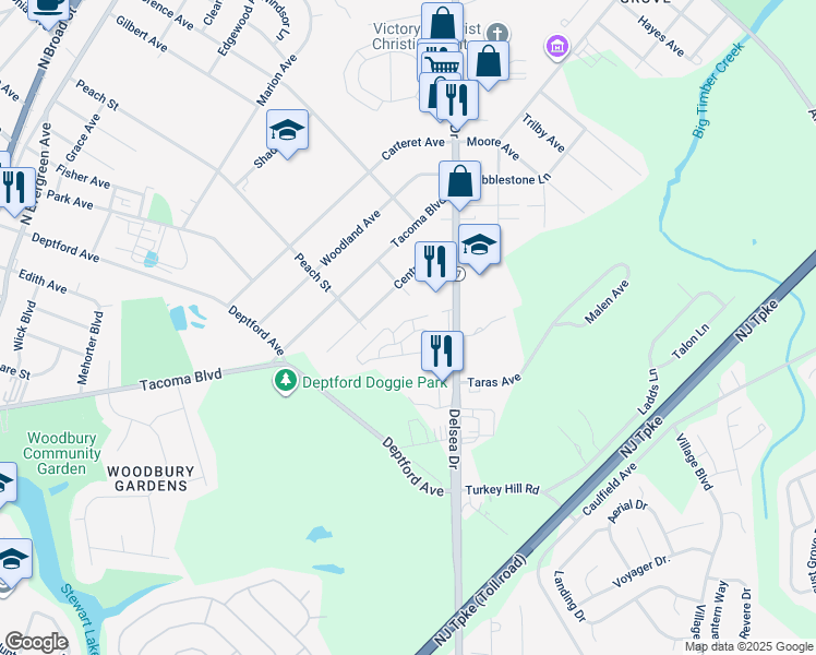 map of restaurants, bars, coffee shops, grocery stores, and more near 601 Winding Way in Westville