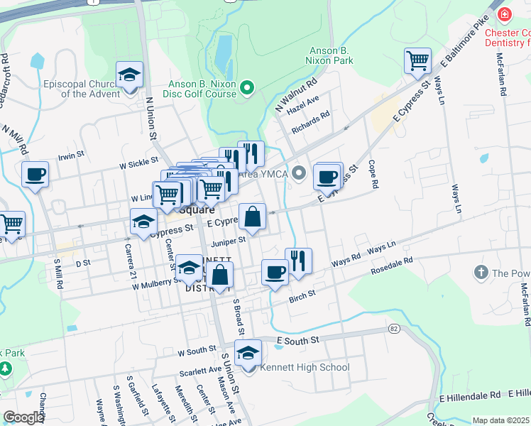map of restaurants, bars, coffee shops, grocery stores, and more near 202 South Willow Street in Kennett Square