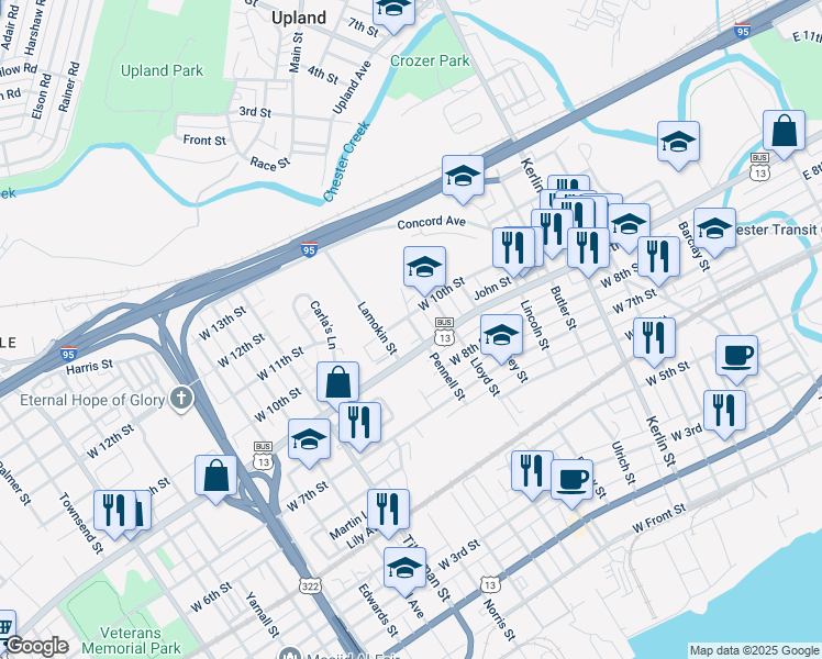 map of restaurants, bars, coffee shops, grocery stores, and more near 924 Pennell Street in Chester