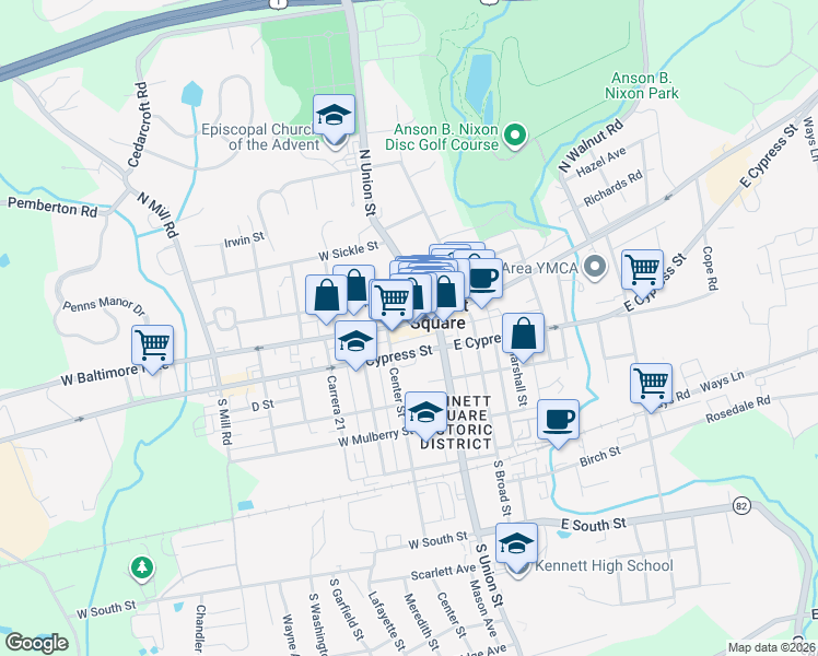 map of restaurants, bars, coffee shops, grocery stores, and more near 119 West Cypress Street in Kennett Square