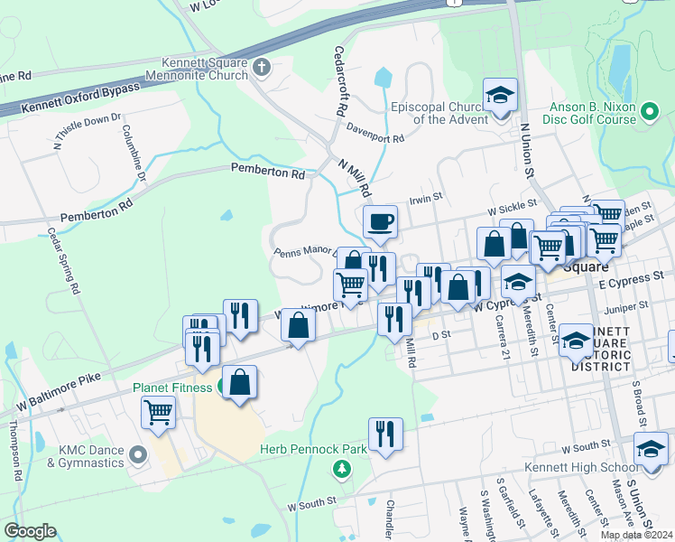 map of restaurants, bars, coffee shops, grocery stores, and more near 101 Penns Manor Drive in Kennett Square