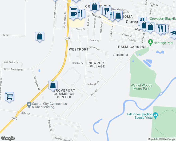 map of restaurants, bars, coffee shops, grocery stores, and more near 436 Voyager Drive in Groveport