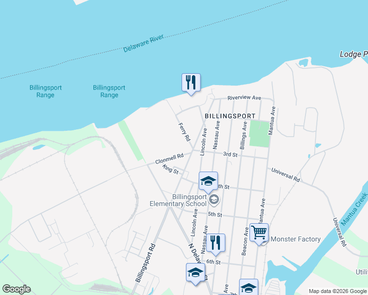 map of restaurants, bars, coffee shops, grocery stores, and more near 13481 Ferry Road in Paulsboro
