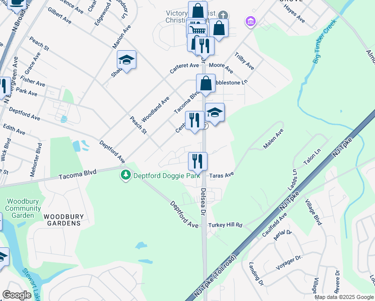 map of restaurants, bars, coffee shops, grocery stores, and more near 110 Winding Way in Westville