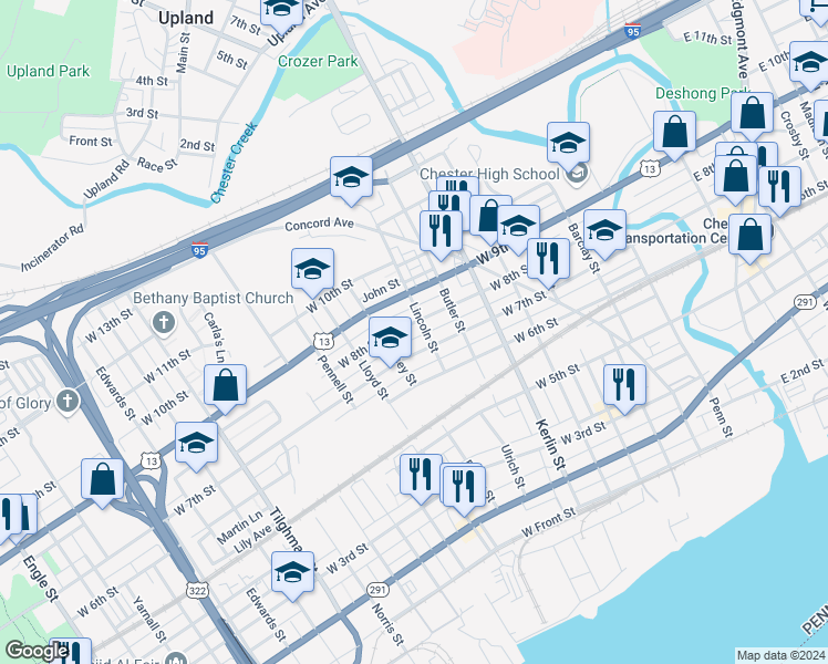 map of restaurants, bars, coffee shops, grocery stores, and more near 911 West 8th Street in Chester