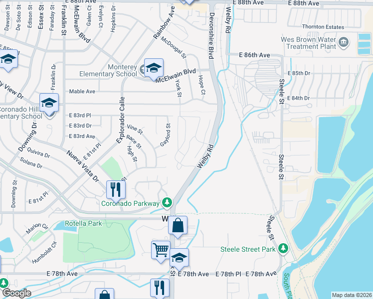 map of restaurants, bars, coffee shops, grocery stores, and more near 1579 Vista Lane in Denver