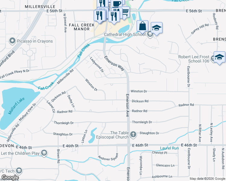 map of restaurants, bars, coffee shops, grocery stores, and more near 4992 Winston Drive in Indianapolis