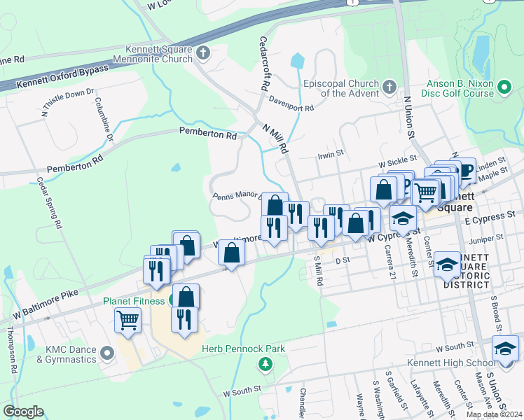 map of restaurants, bars, coffee shops, grocery stores, and more near 101 Penns Manor Drive in Kennett Square
