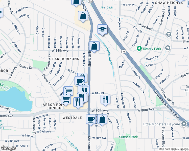 map of restaurants, bars, coffee shops, grocery stores, and more near 8200 Sheridan Boulevard in Westminster