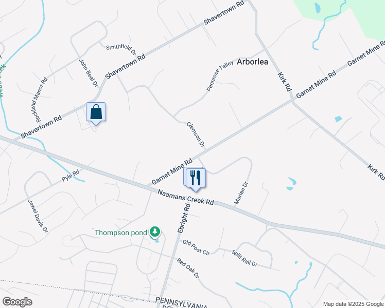map of restaurants, bars, coffee shops, grocery stores, and more near 3649 Garnet Mine Road in Garnet Valley