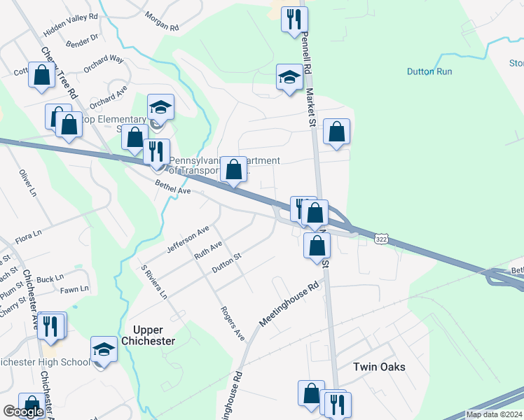 map of restaurants, bars, coffee shops, grocery stores, and more near 607 Bethel Avenue in Aston