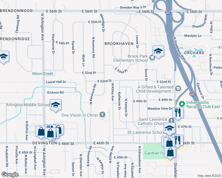 map of restaurants, bars, coffee shops, grocery stores, and more near 4950 North Kitley Avenue in Indianapolis