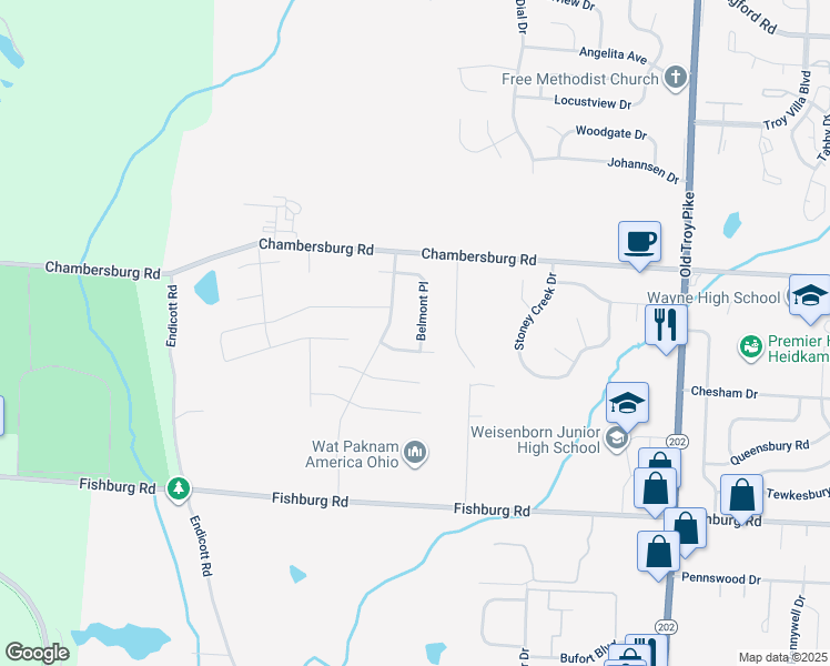 map of restaurants, bars, coffee shops, grocery stores, and more near 4820 Belmont Place in Dayton