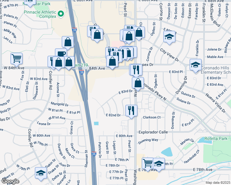 map of restaurants, bars, coffee shops, grocery stores, and more near 480 East 83rd Drive in Denver