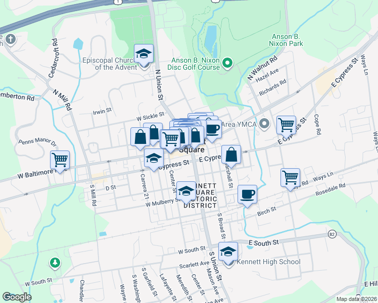 map of restaurants, bars, coffee shops, grocery stores, and more near 119 West Cypress Street in Kennett Square