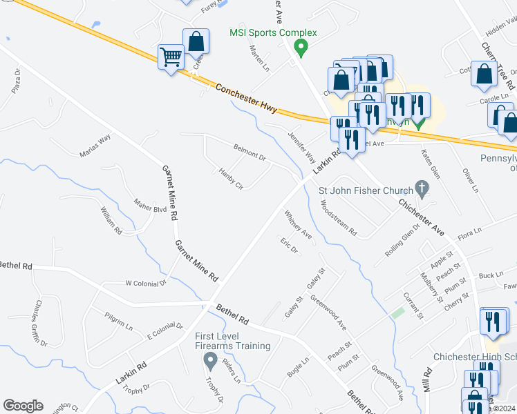 map of restaurants, bars, coffee shops, grocery stores, and more near 1704 Larkin Road in Boothwyn