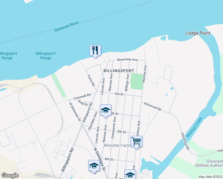 map of restaurants, bars, coffee shops, grocery stores, and more near 257 Nassau Avenue in Paulsboro