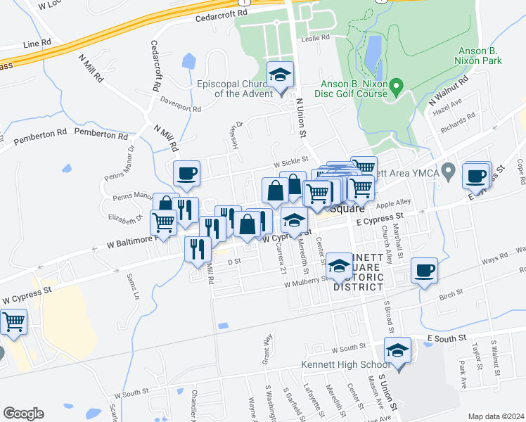 map of restaurants, bars, coffee shops, grocery stores, and more near 416 West Linden Street in Kennett Square