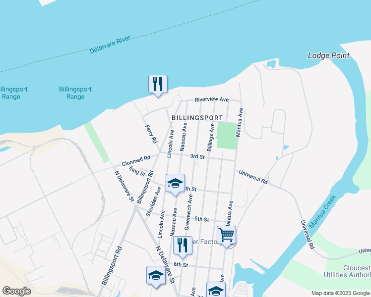 map of restaurants, bars, coffee shops, grocery stores, and more near 257 Nassau Avenue in Paulsboro