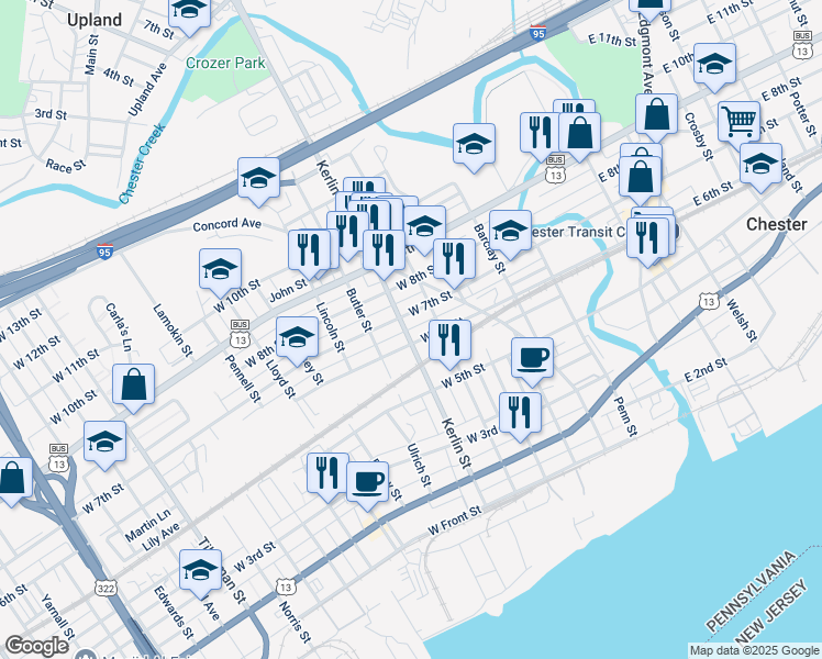 map of restaurants, bars, coffee shops, grocery stores, and more near 607 Kerlin Street in Chester