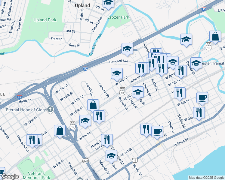 map of restaurants, bars, coffee shops, grocery stores, and more near 928 Pennell Street in Chester