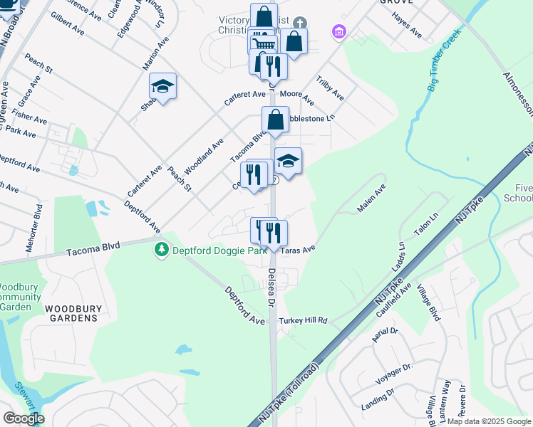 map of restaurants, bars, coffee shops, grocery stores, and more near 813 Winding Way in Westville