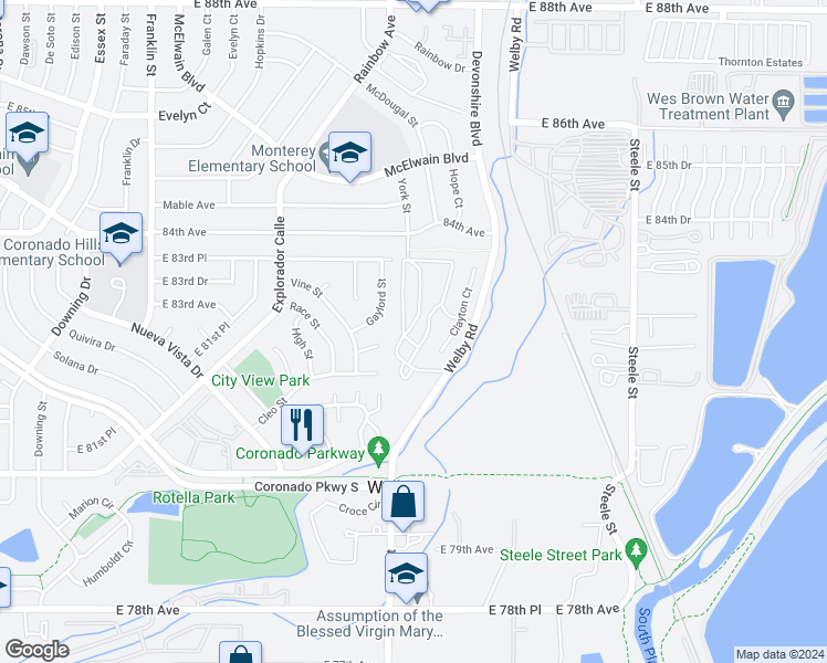 map of restaurants, bars, coffee shops, grocery stores, and more near 1579 Vista Lane in Denver