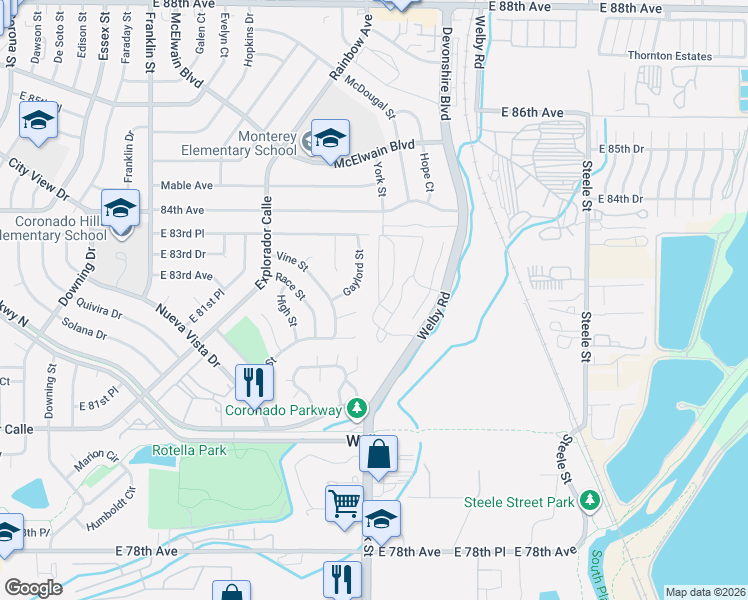 map of restaurants, bars, coffee shops, grocery stores, and more near 2290 East 82nd Place in Denver