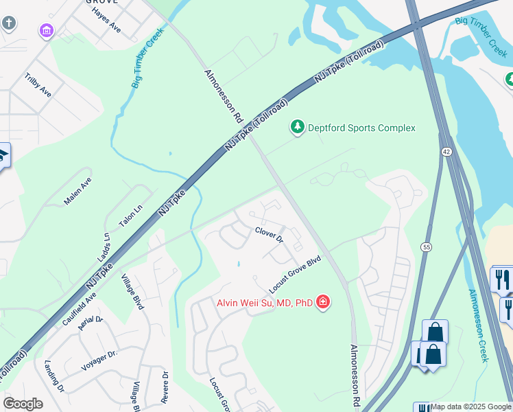 map of restaurants, bars, coffee shops, grocery stores, and more near 601 Steeplechase Court in Deptford