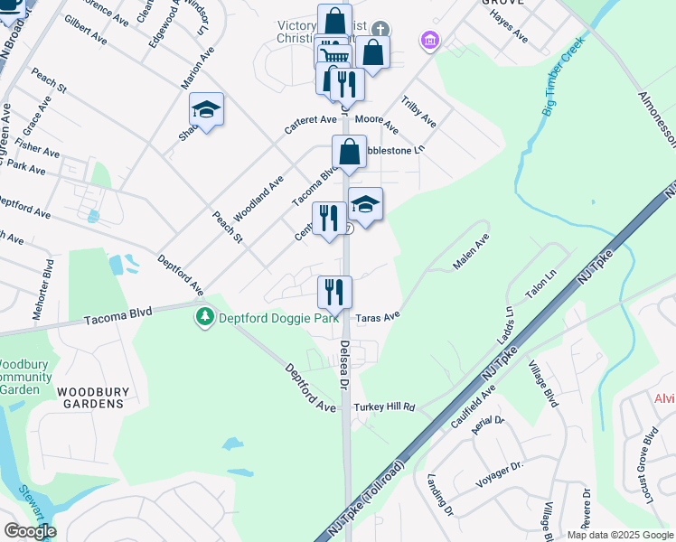 map of restaurants, bars, coffee shops, grocery stores, and more near 813 Winding Way in Westville