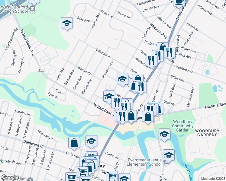 map of restaurants, bars, coffee shops, grocery stores, and more near 71 Walnut Street in Woodbury