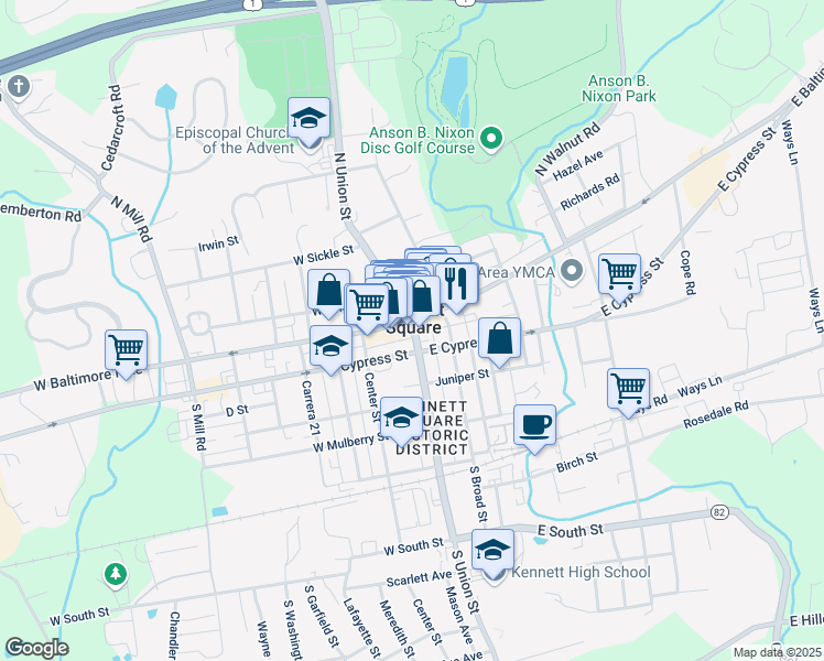 map of restaurants, bars, coffee shops, grocery stores, and more near 123 South Union Street in Kennett Square