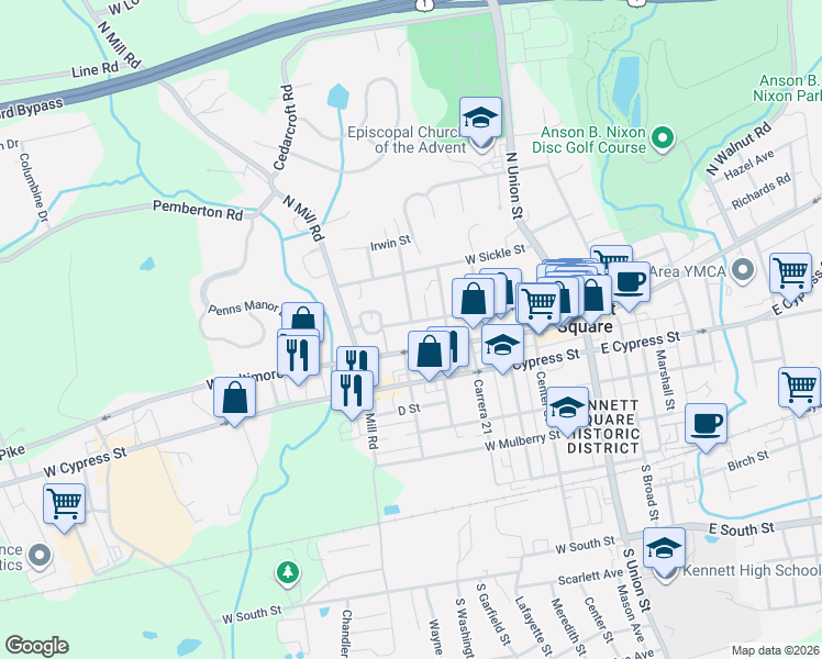 map of restaurants, bars, coffee shops, grocery stores, and more near 601 West State Street in Kennett Square