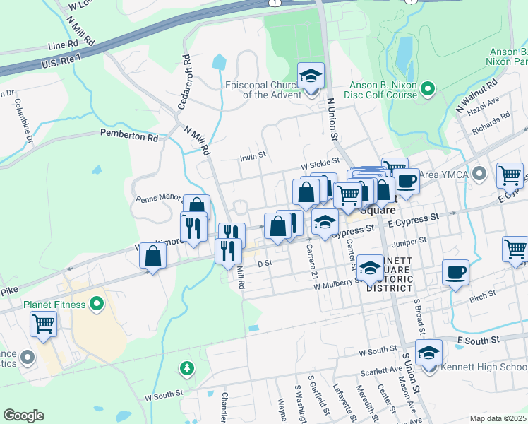 map of restaurants, bars, coffee shops, grocery stores, and more near 601 West State Street in Kennett Square