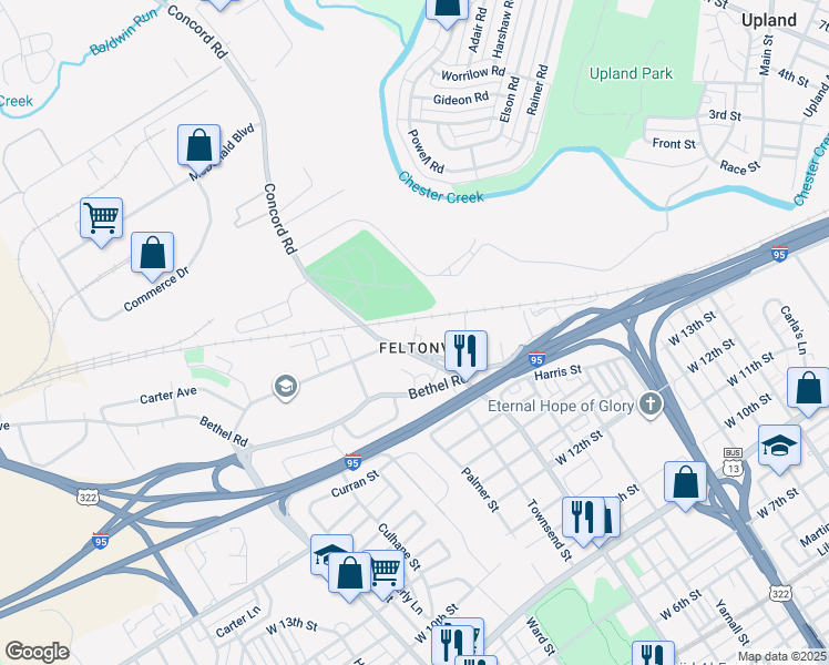 map of restaurants, bars, coffee shops, grocery stores, and more near 2350 Concord Road in Chester