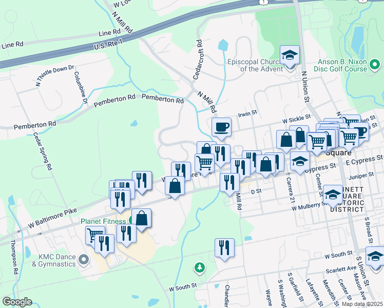 map of restaurants, bars, coffee shops, grocery stores, and more near 301 Elizabeth Drive in Kennett Square