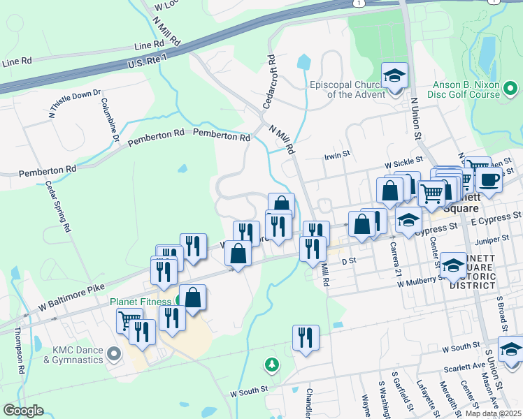 map of restaurants, bars, coffee shops, grocery stores, and more near 301 Elizabeth Drive in Kennett Square