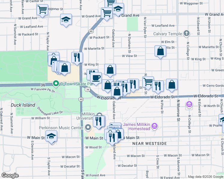 map of restaurants, bars, coffee shops, grocery stores, and more near 500-598 N Oakland Ave in Decatur
