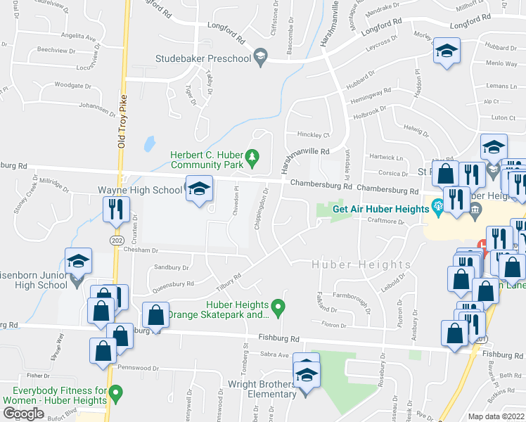map of restaurants, bars, coffee shops, grocery stores, and more near 6418 Chippingdon Drive in Dayton