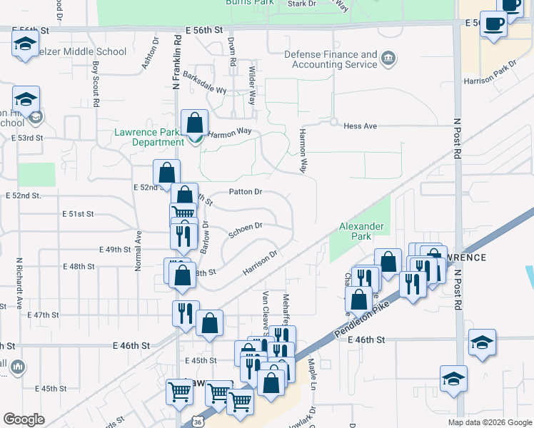 map of restaurants, bars, coffee shops, grocery stores, and more near 8260 Schoen Drive in Lawrence