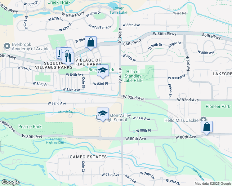 map of restaurants, bars, coffee shops, grocery stores, and more near 13205 West 82nd Avenue in Arvada