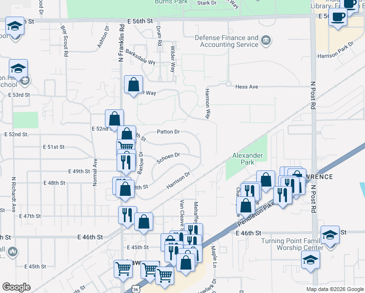 map of restaurants, bars, coffee shops, grocery stores, and more near 8260 Schoen Drive in Lawrence