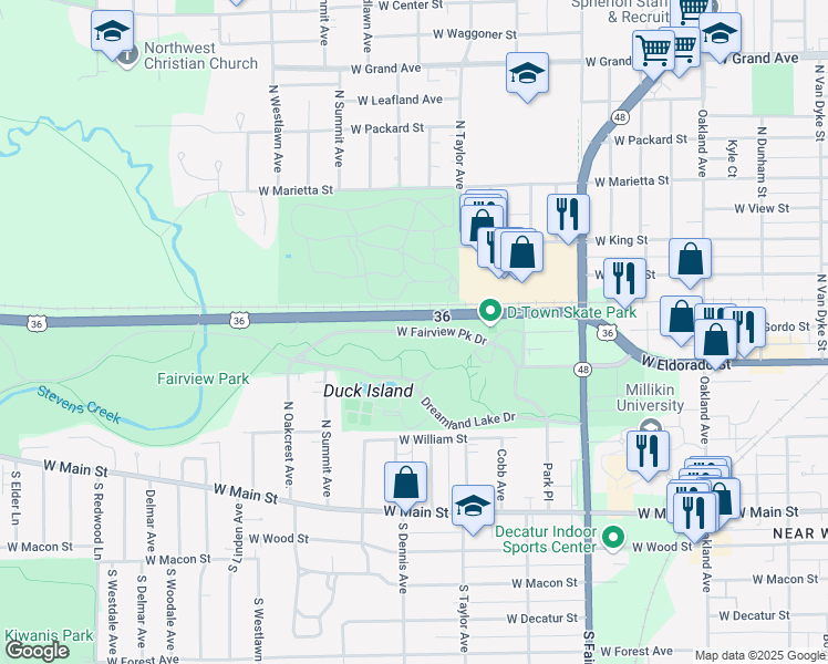 map of restaurants, bars, coffee shops, grocery stores, and more near North Oakcrest Avenue in Decatur