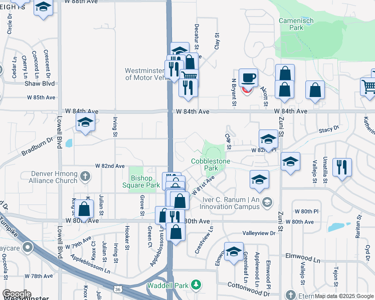 map of restaurants, bars, coffee shops, grocery stores, and more near 8290 North Federal Boulevard in Westminster
