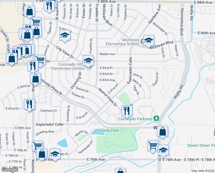 map of restaurants, bars, coffee shops, grocery stores, and more near 1725 Nueva Vista Drive in Denver