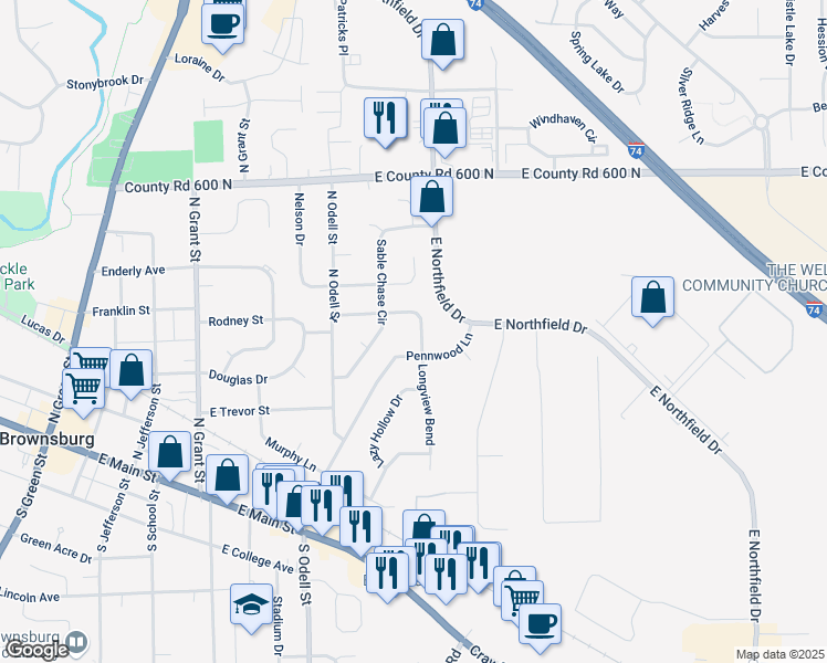 map of restaurants, bars, coffee shops, grocery stores, and more near 386 Pennwood Lane in Brownsburg
