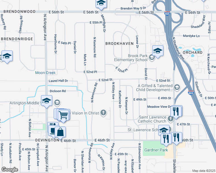 map of restaurants, bars, coffee shops, grocery stores, and more near 5030 Moonlight Drive in Indianapolis