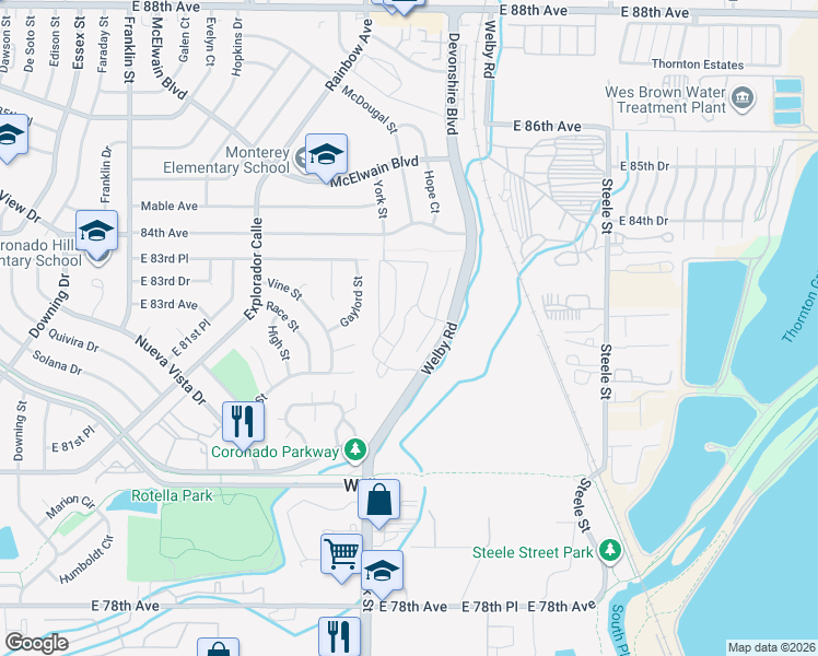 map of restaurants, bars, coffee shops, grocery stores, and more near 1579 Vista Lane in Denver