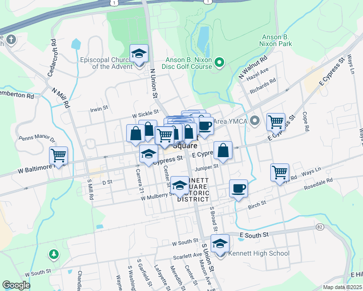 map of restaurants, bars, coffee shops, grocery stores, and more near 119 West Cypress Street in Kennett Square